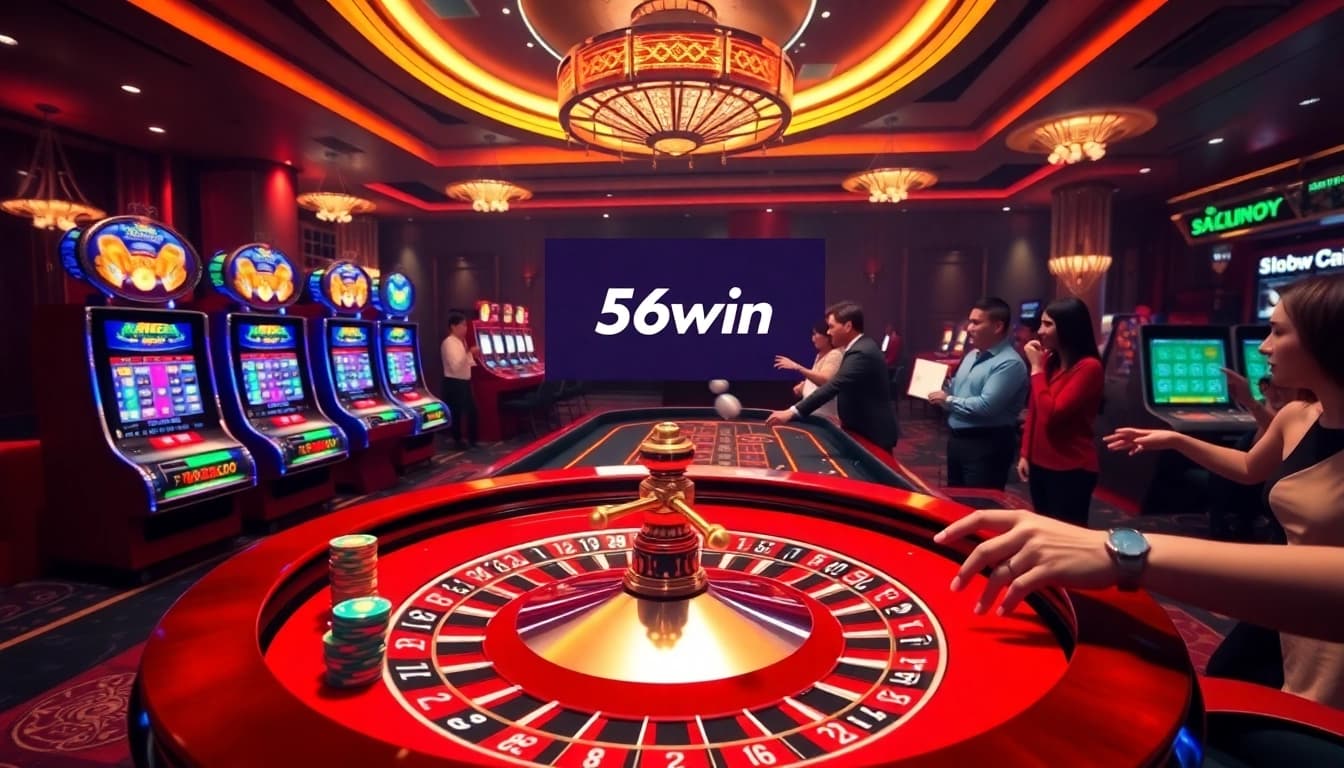 A dynamic casino scene with 56win branding, featuring vibrant roulette and poker layouts.