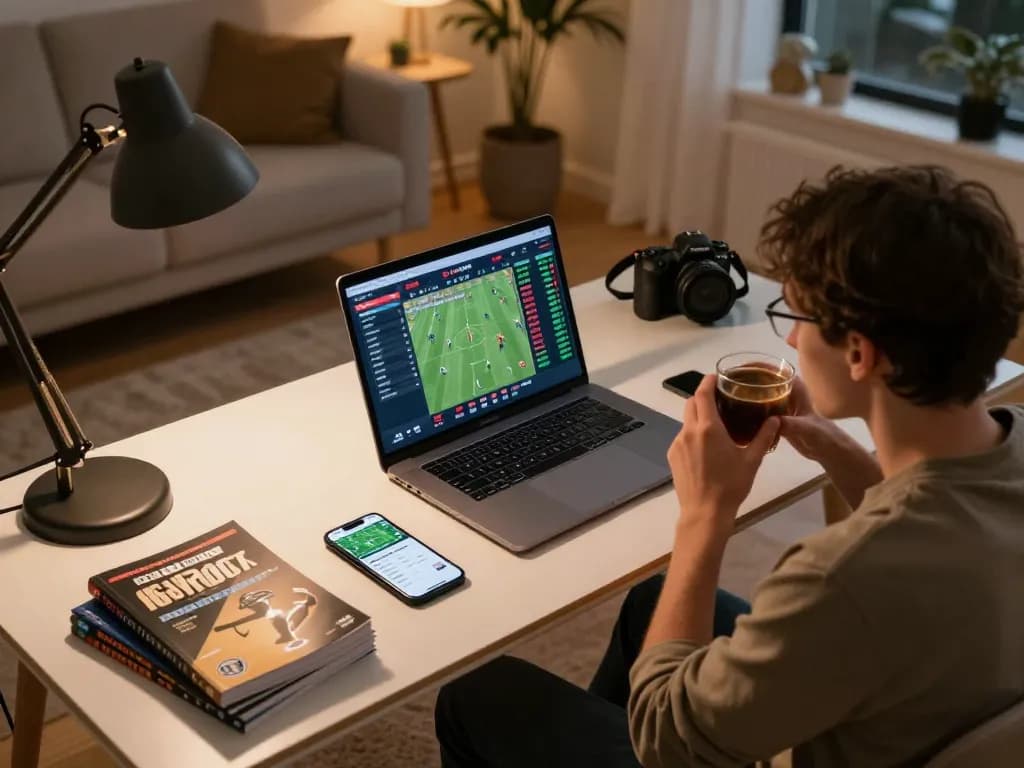 Engaging in sports betting, viewing odds on laptop while planning strategies for ty le keo nha cai.
