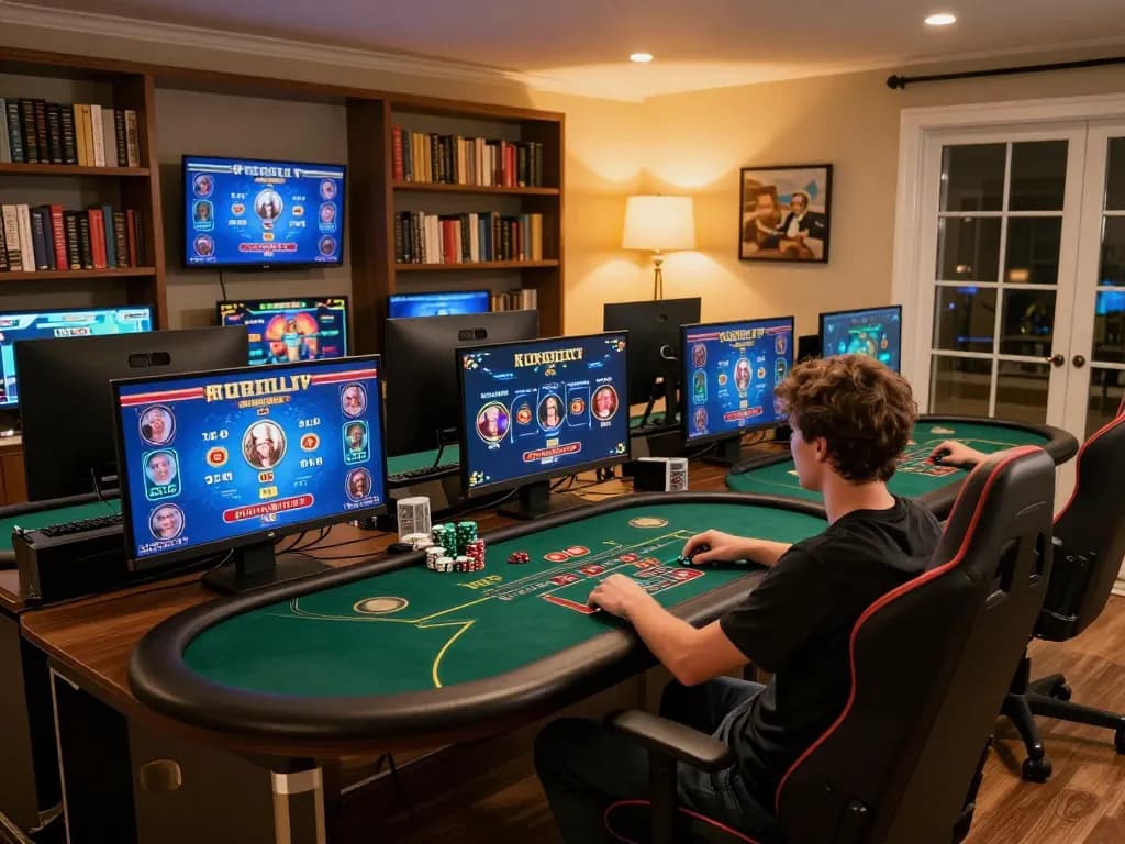 HI88 player analyzing poker strategy on multiple screens in a cozy gaming setup.