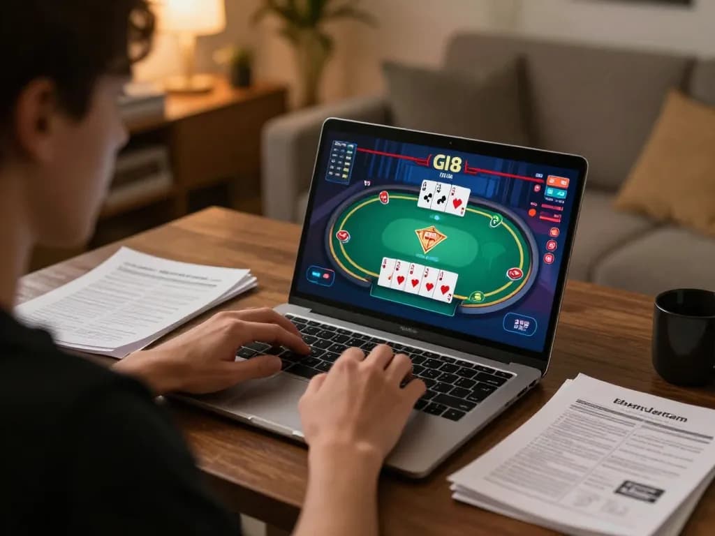 Engaged player strategizes winning moves for gi8 online poker, showcasing a vibrant gaming atmosphere.