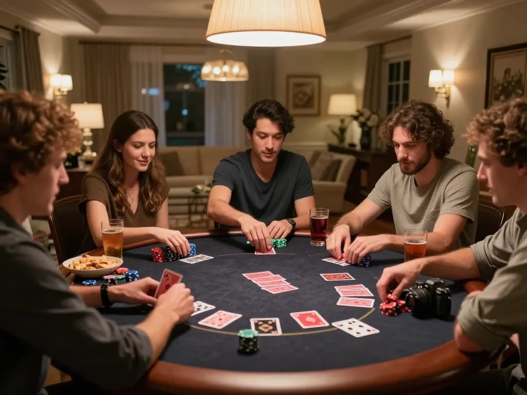 Friends enjoying a lively poker night with QH88go at their cozy home setup.