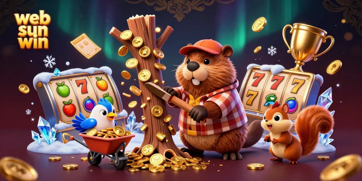 Bet on web sun win with golden coins raining from a lumberjack beaver chopping a tree in a casino scene.
