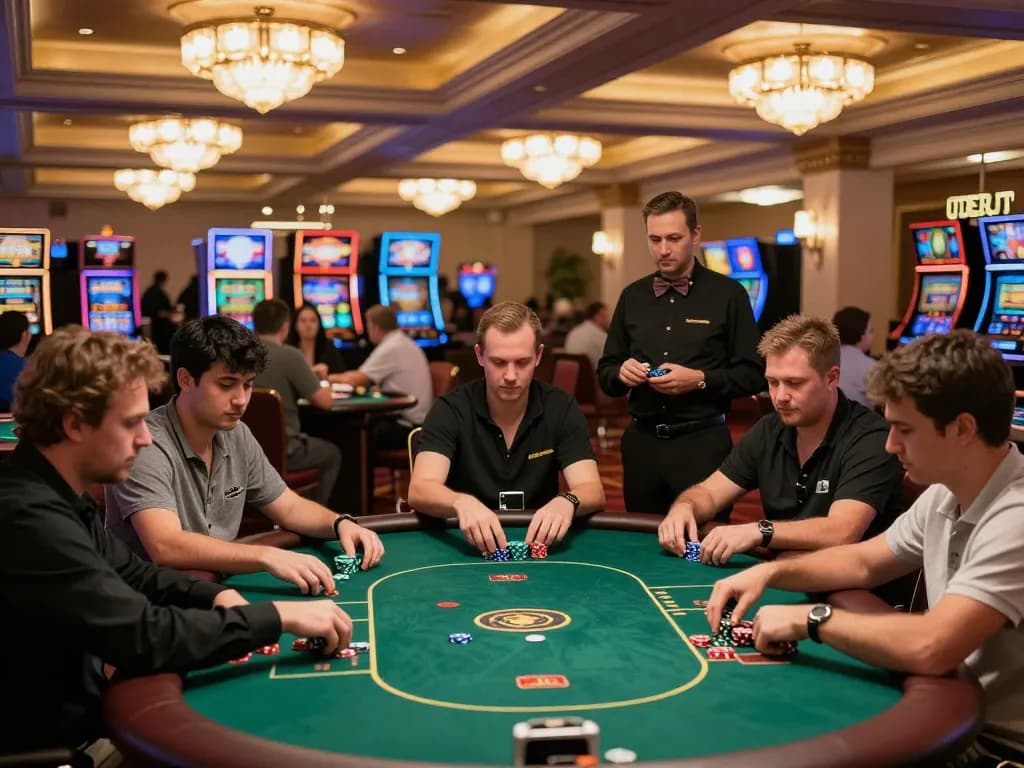 Engaging poker tournament scene at debet15 casino with focused players and dynamic gameplay atmosphere.
