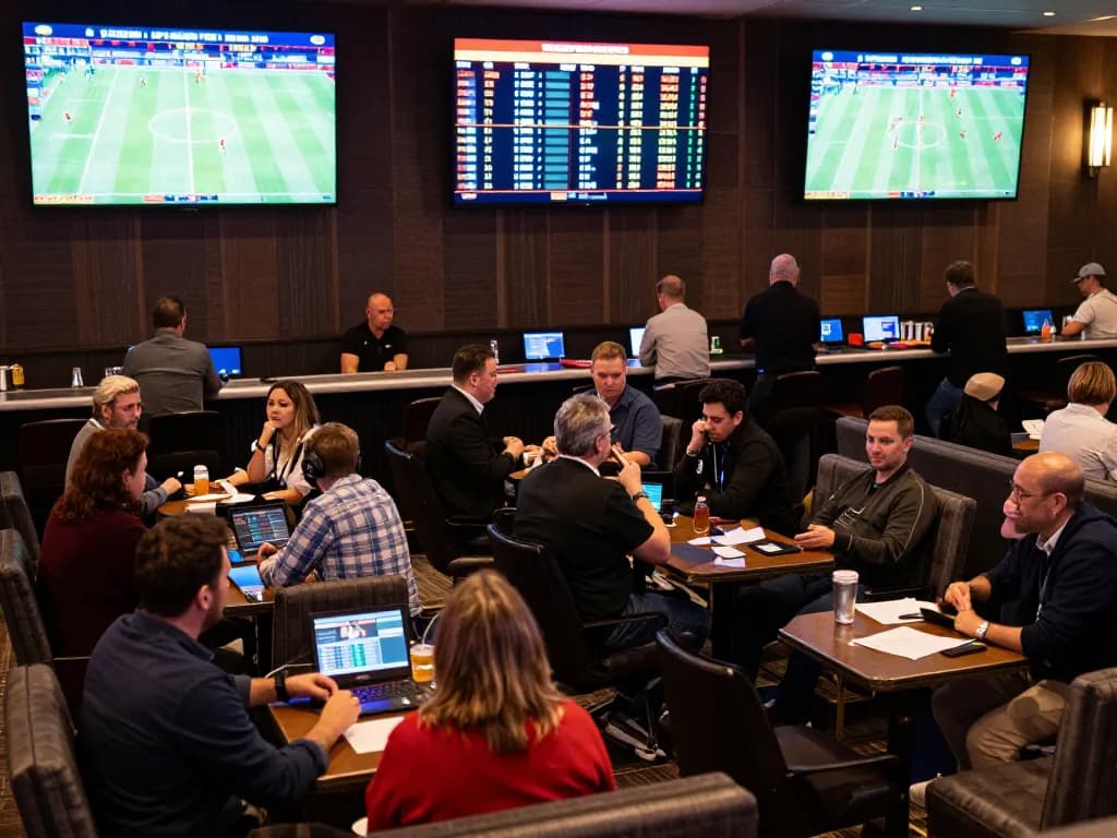 hb88 patrons placing bets in an upscale sportsbook with excitement and multiple screens showing live games