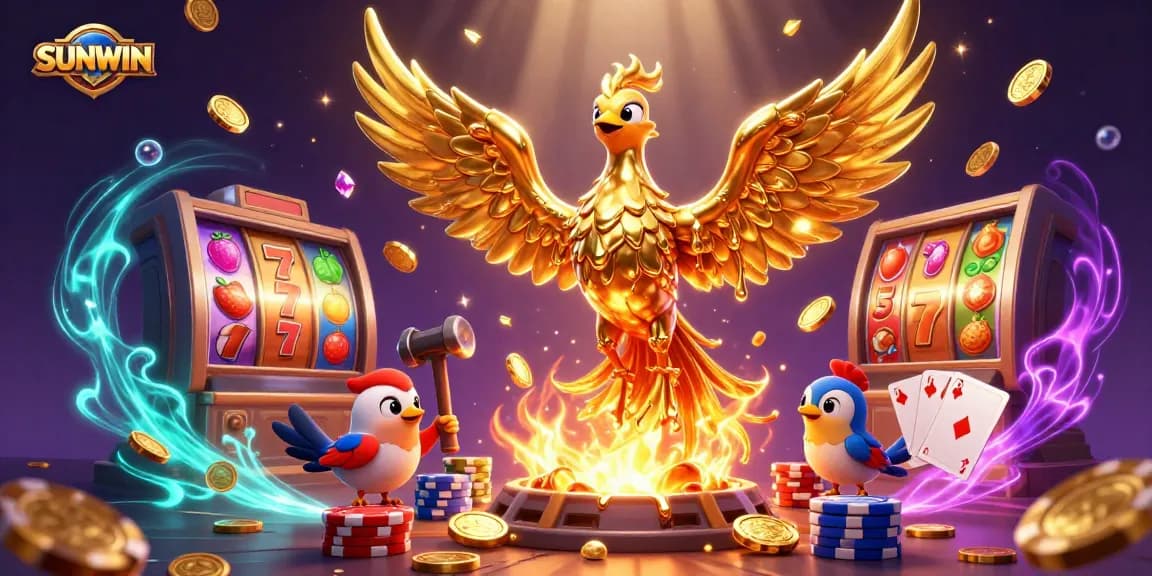 SUNWIN players celebrating huge wins with a golden phoenix and slot machines in an enchanting casino scene.