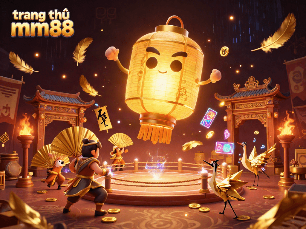 Engage with the dynamic world of trang chủ mm88 featuring a glowing lantern spirit and casino warriors.