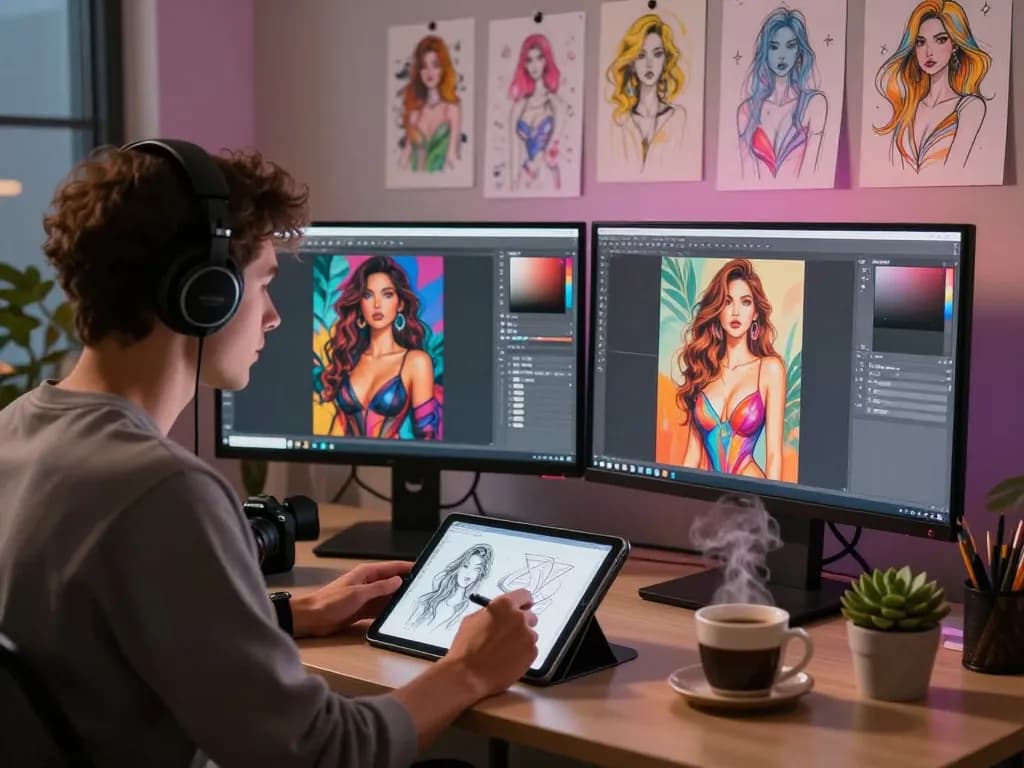 AI porn creation in a lively digital studio, featuring a graphic designer working on multiple screens with vibrant art, coffee, and plants.