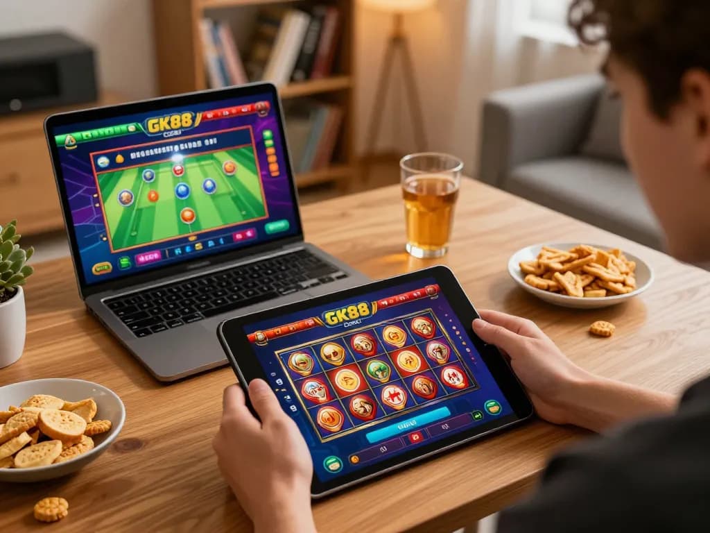 Engaging with the GK88 com casino app on a tablet during a cozy home gaming session.
