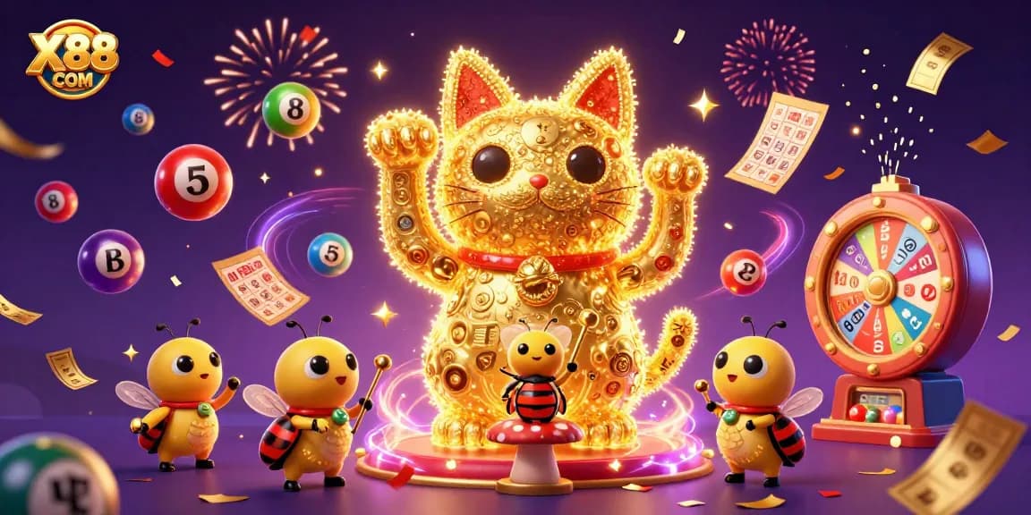 X88 COM presents a vibrant casino scene with animated lucky cat and colorful lottery elements.
