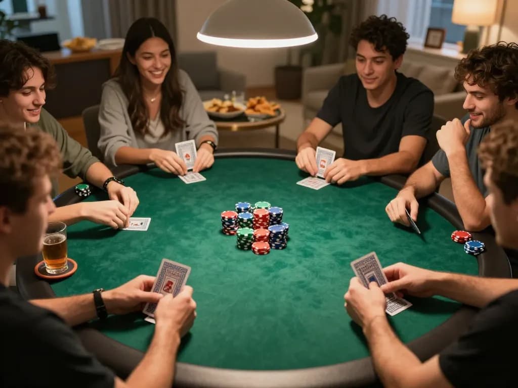 Players enjoying a home poker game with 68win strategies, vibrant snacks, and warm lighting