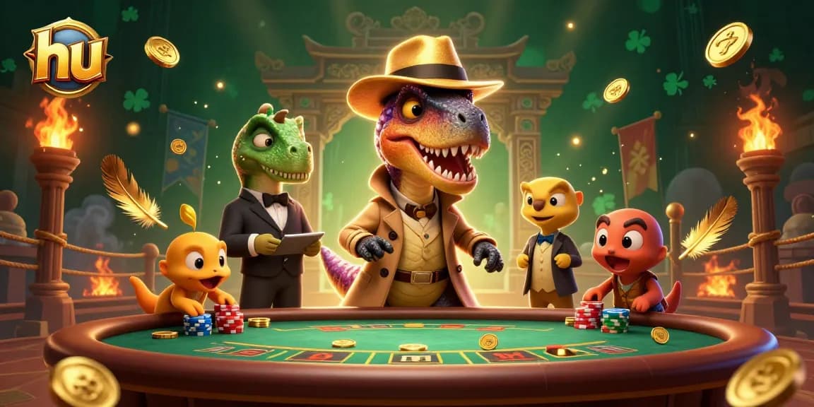 Engage with hu and enjoy thrilling blackjack action with 3D cartoon dinosaurs in a vibrant casino scene.
