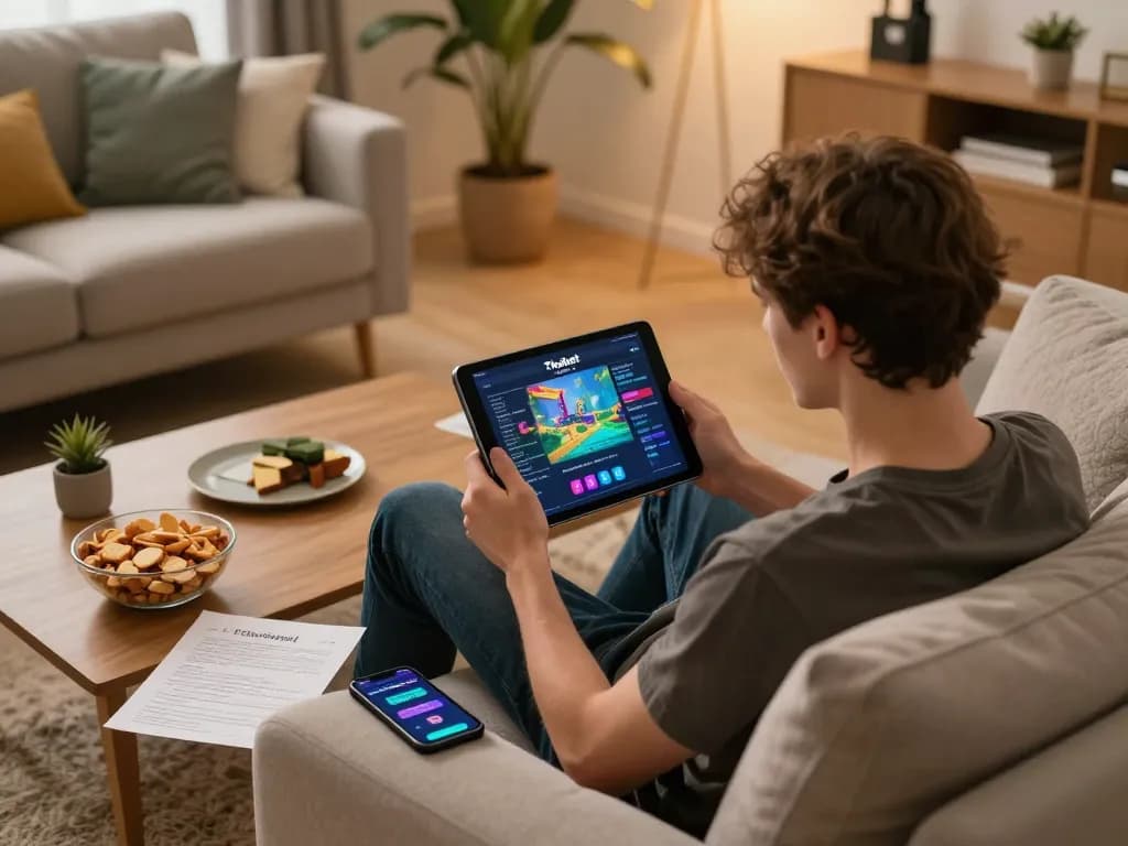Engaging gameplay on Thabet platform at home, showcasing a tablet user immersed in online gambling.