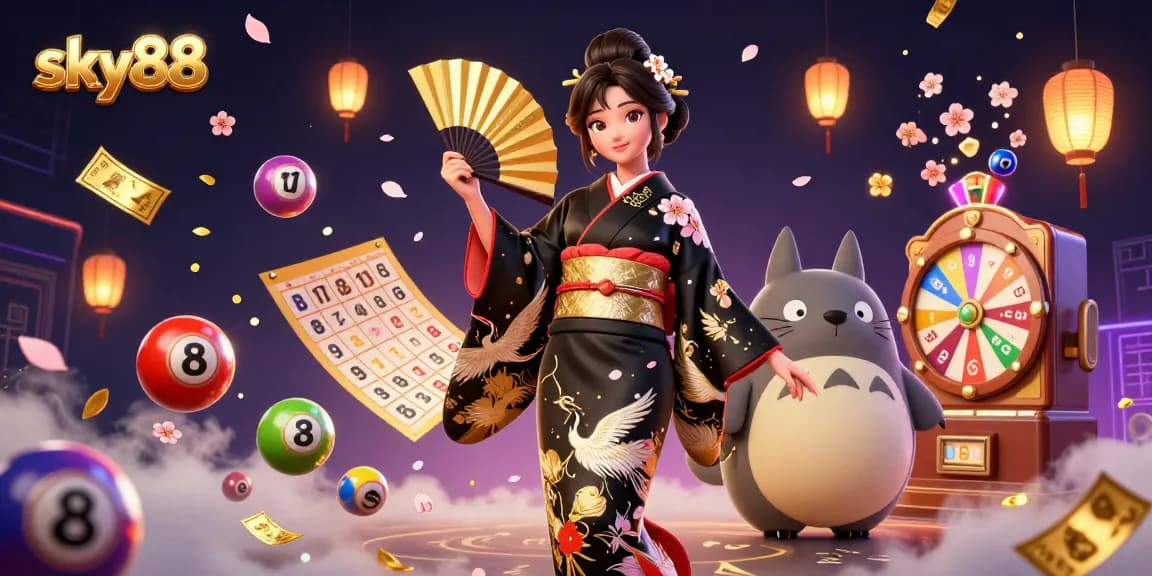 Play thrilling lottery games with sky88 as a beautiful Asian woman and tanuki celebrate amidst colorful lottery elements.