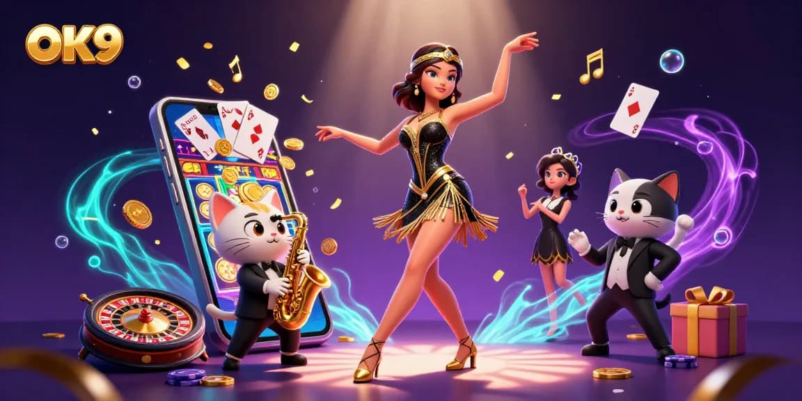 Experience exciting slot gaming with OK9 in a vibrant, lively 3D casino scene featuring animated characters.