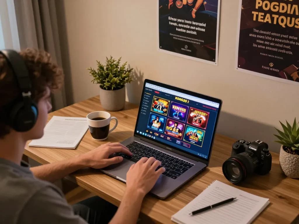 KONG88 player strategizing at home while engaging with online casino interface and notebook