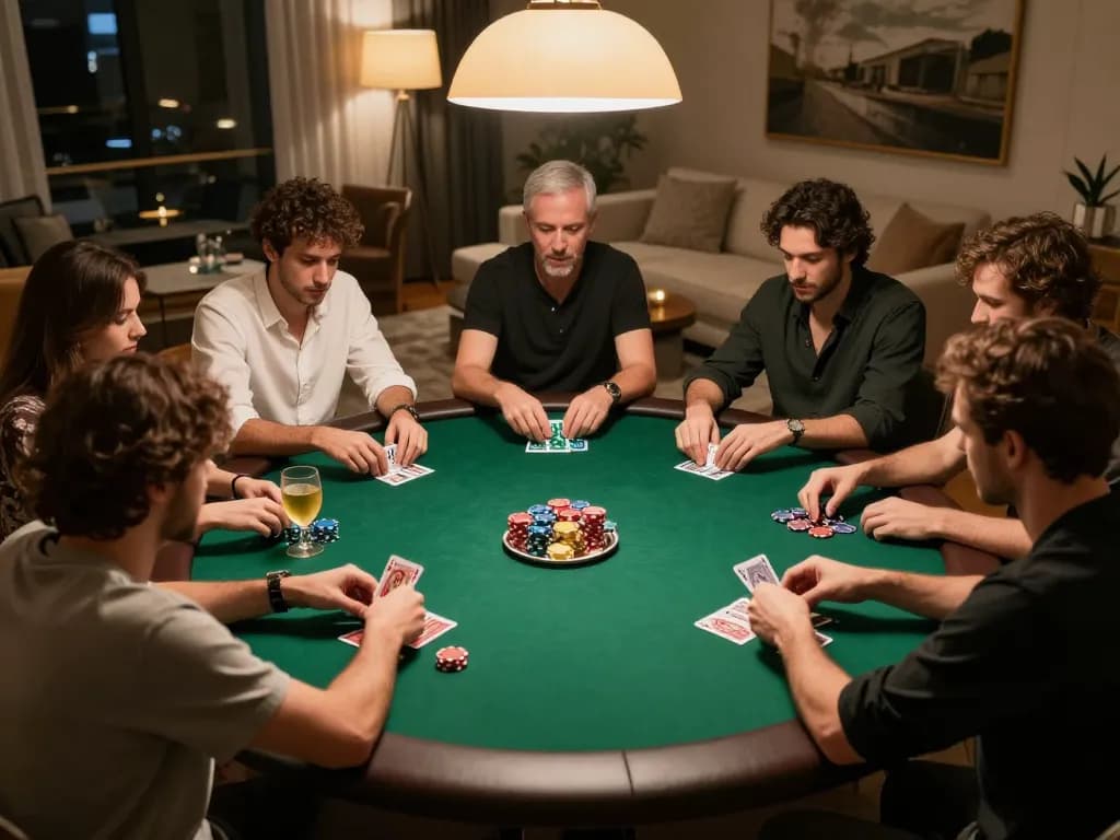 LLwin poker game action at a luxurious home setting with players focused on strategy and camaraderie