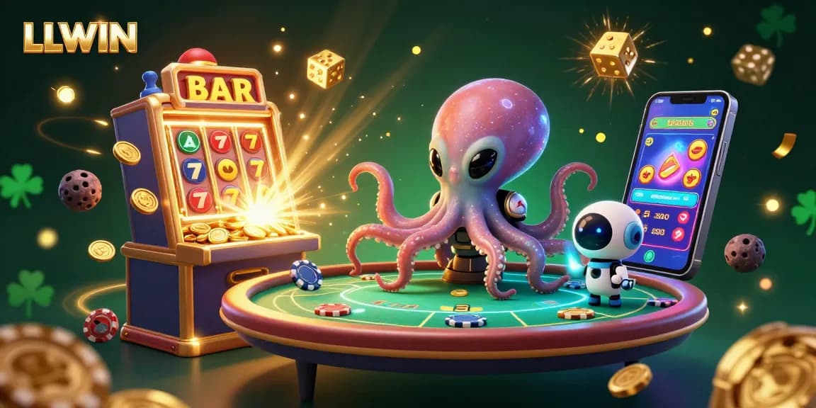 LLWIN engages players with a 3D cartoon alien octopus at a poker table amid a jackpot explosion.