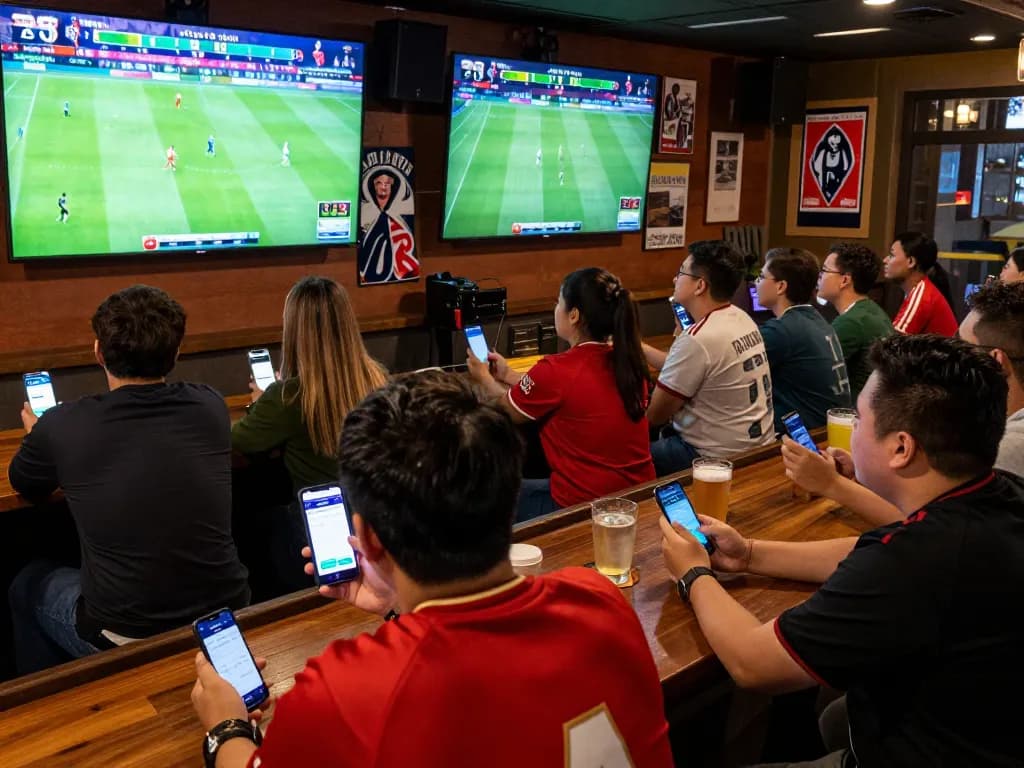 Bongdalu app enhancing sports betting experience in a lively bar atmosphere
