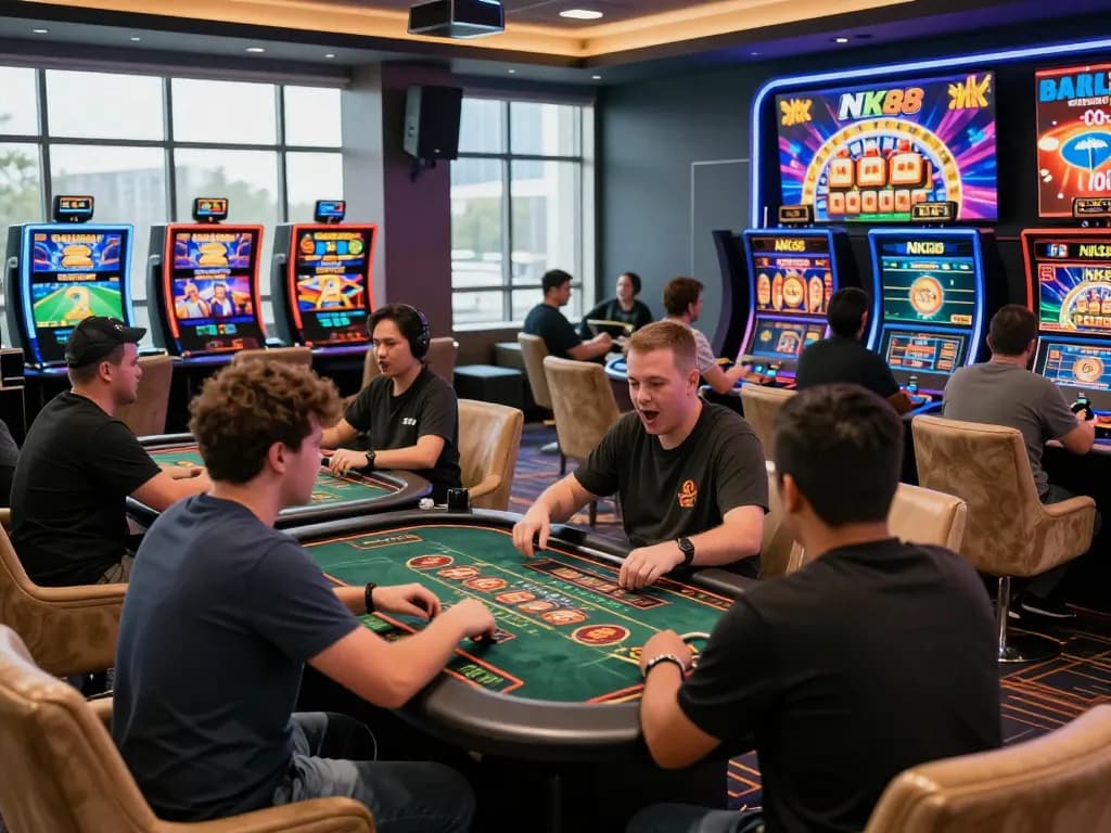 Exciting NK88 online gambling scene with diverse players engaged in various games and promotions.