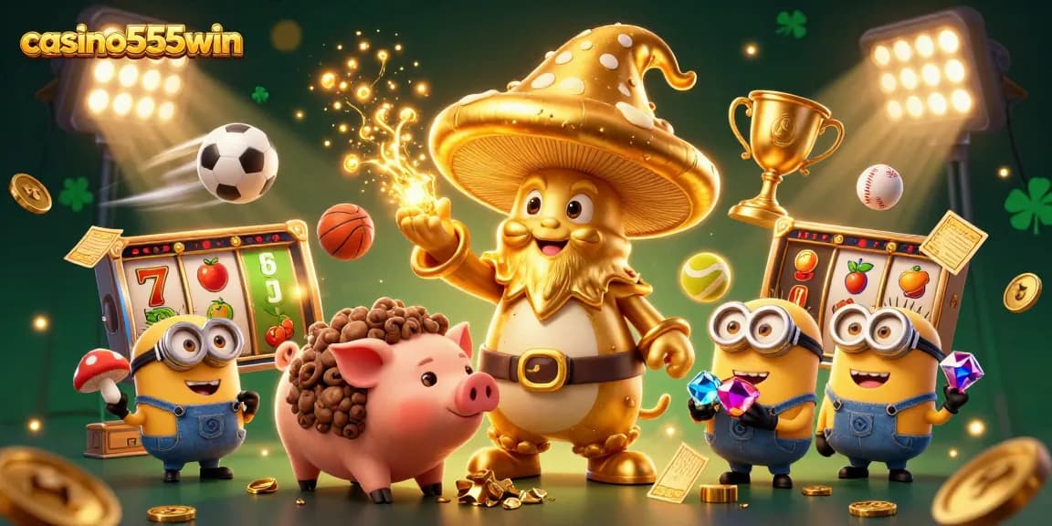 Experience gaming thrills at casino555win with magical characters in a vibrant casino setting.