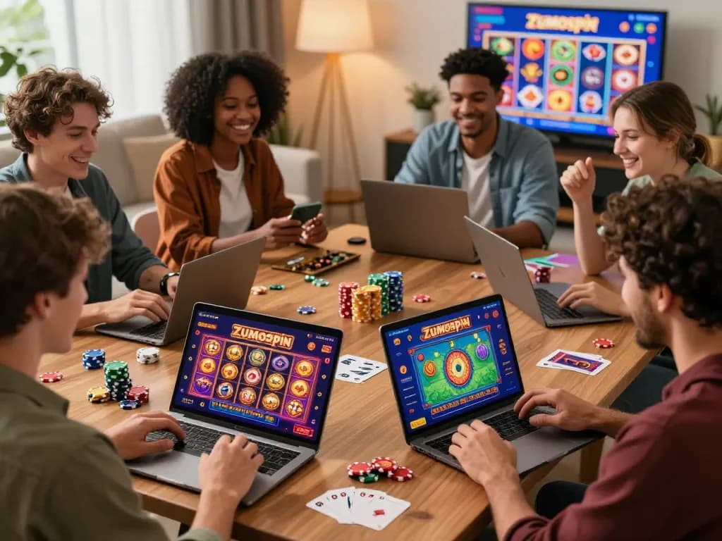 Engaged players accessing Zumospin casino login on mobile and laptop, showcasing lively online gaming atmosphere.