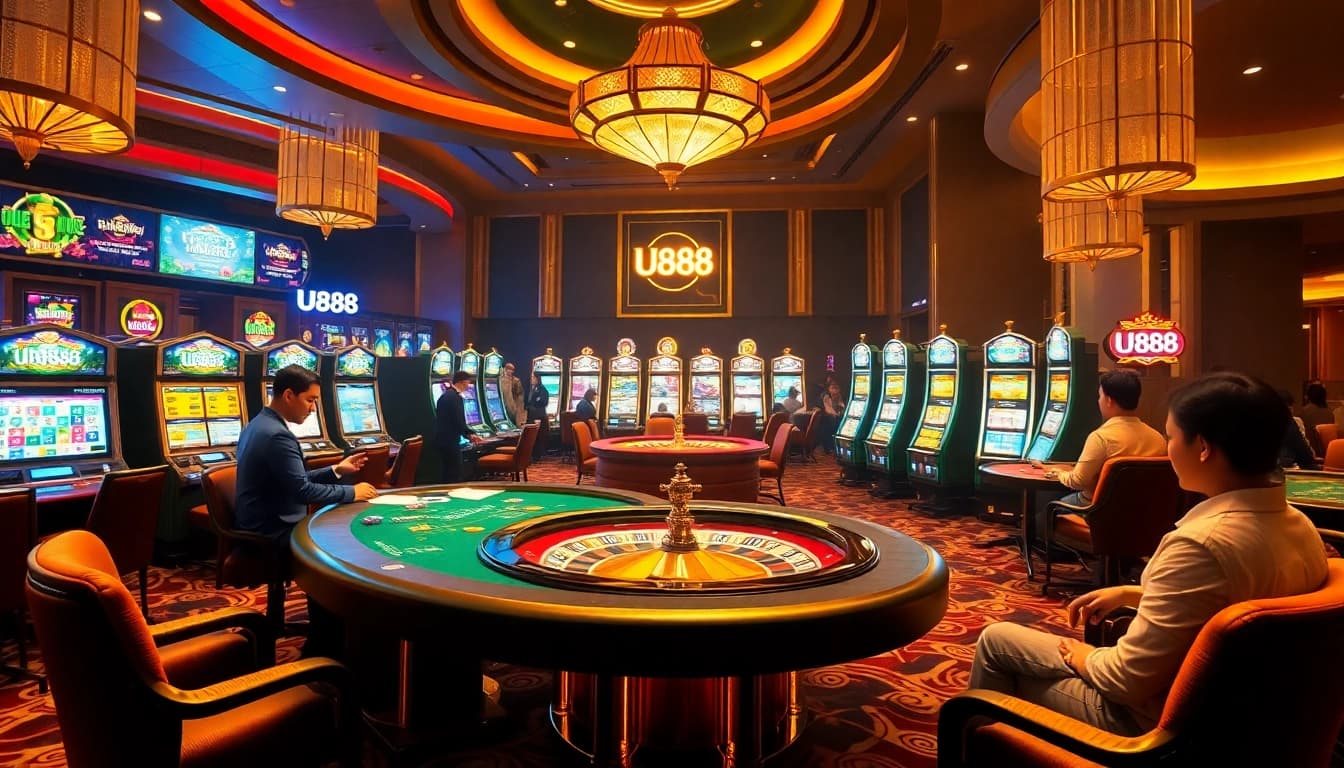Experience the thrill of U888 with players at an engaging casino table surrounded by vibrant slot machines.