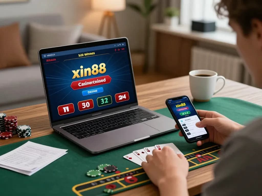 Engaging in live dealer blackjack at xin88 with a laptop and smartphone, showcasing strategic gambling.