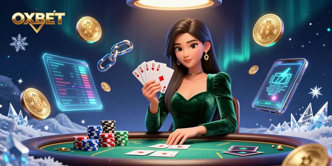 Play cards at OXBET with a beautiful Asian woman in luxe attire surrounded by crypto elements.