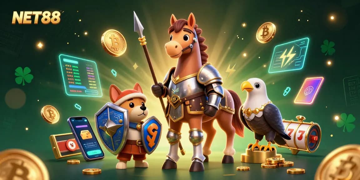 Join the adventure with NET88 in a medieval-themed crypto casino world filled with vibrant game elements.