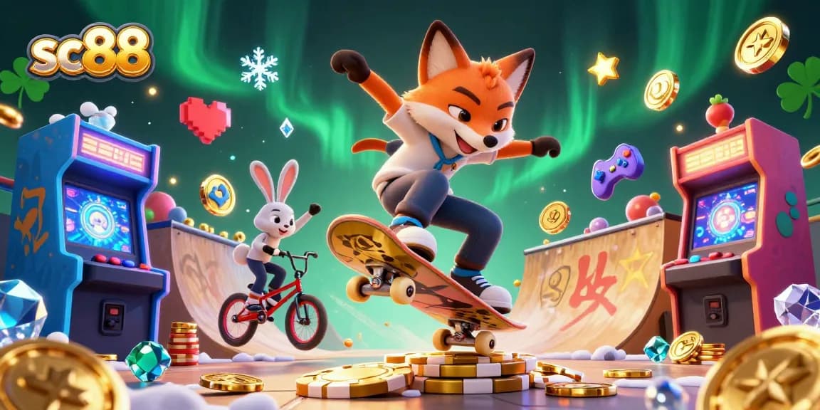 Experience thrilling actions with sc88 as a fox performs a kickflip over golden poker chips.