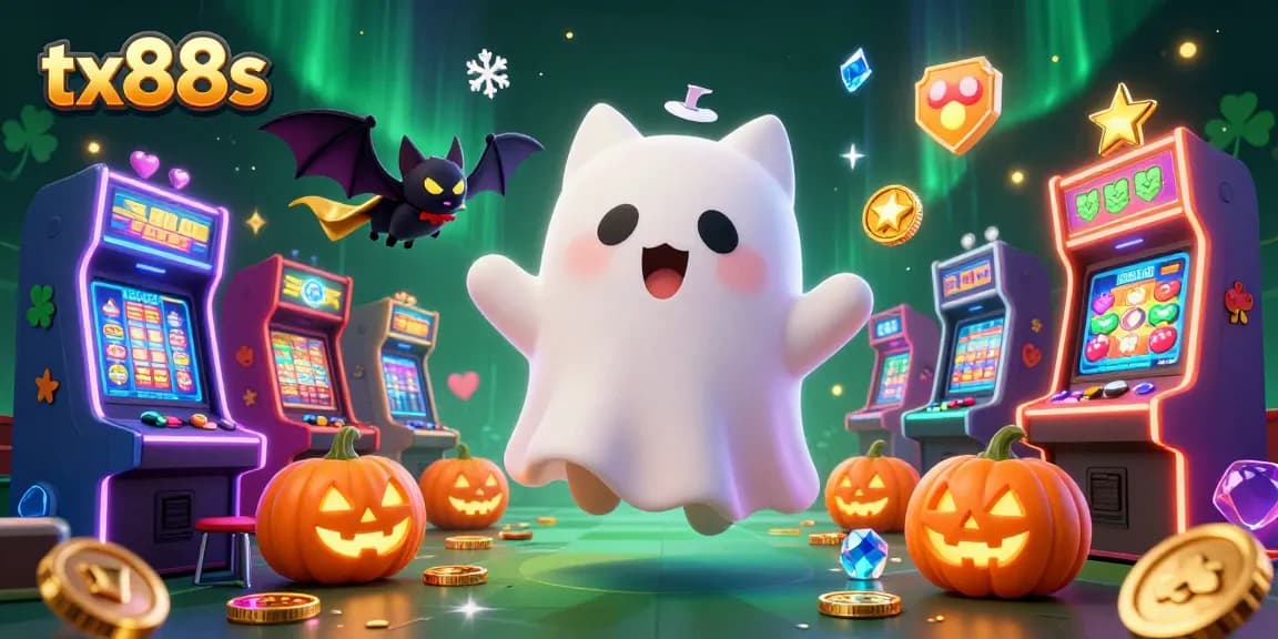 Engage with tx88s Casino's vibrant world featuring ghost cat and vampire bat in a lively gaming scene.
