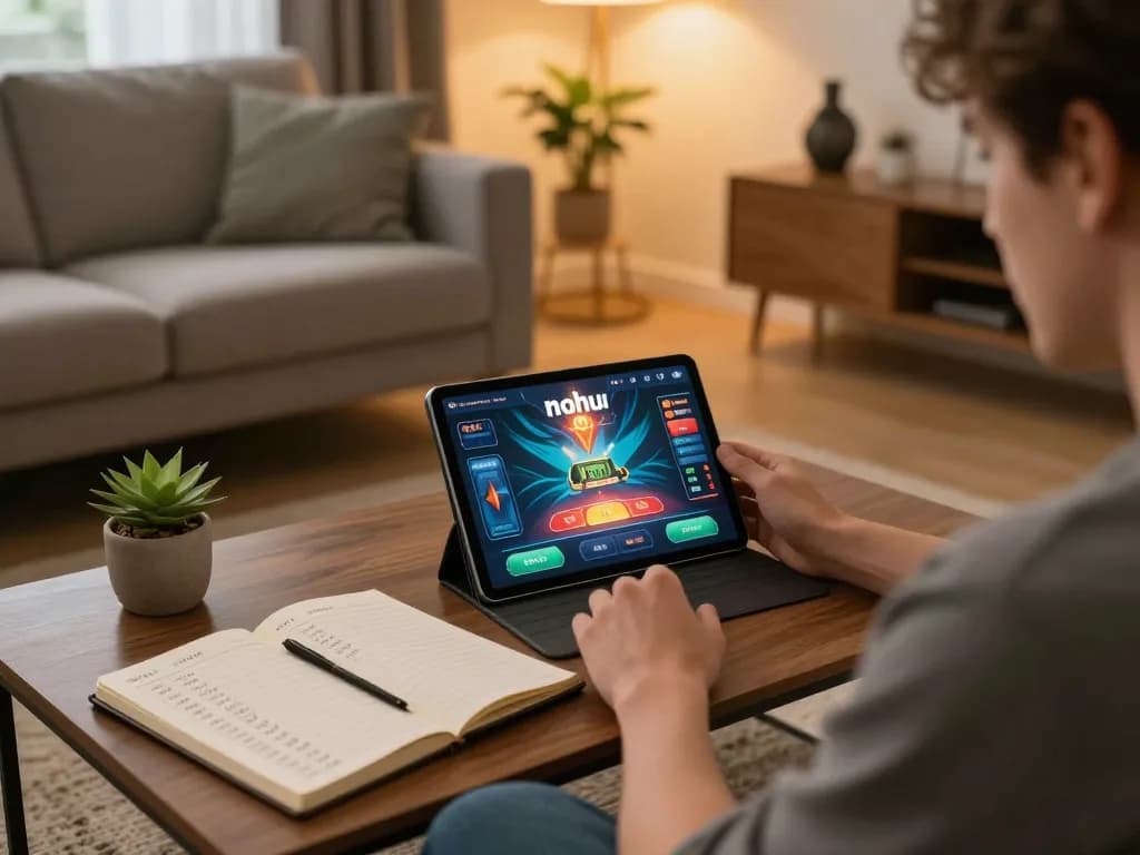 Player engaging with nohu slot game on a tablet in a cozy living room.