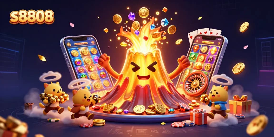 Win exciting treasures at s8808 with a vibrant 3D casino-themed illustration featuring unique gaming elements.