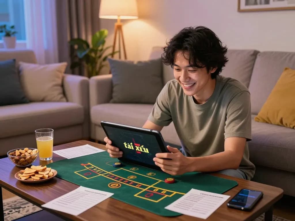 Engaged player enjoying tài xỉu online gaming on a tablet in a cozy home environment.