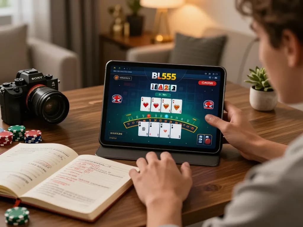 BL555 player engaging in an exciting online blackjack game at home with strategic notes nearby