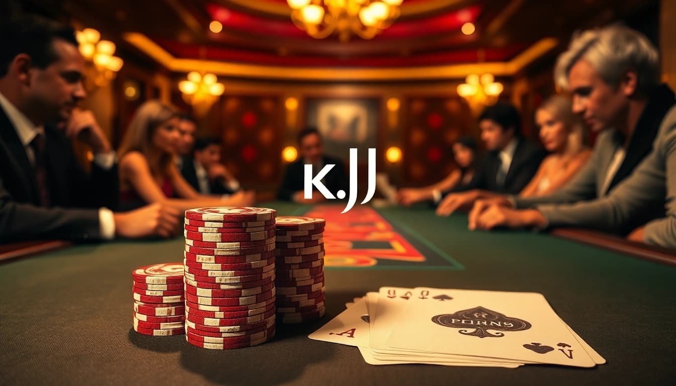 KJC logo displayed on sophisticated poker table in an elegant casino setting with illuminated chips.