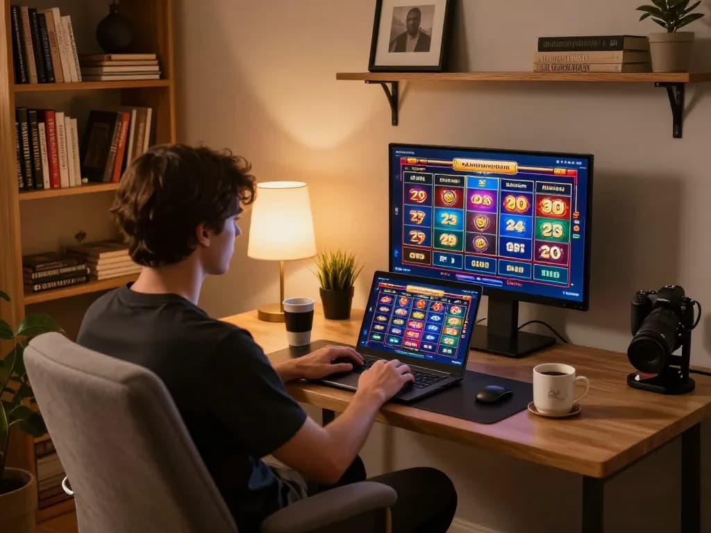 Engaging online gaming scene with 68gamebaivn on a laptop, showcasing slot game interface