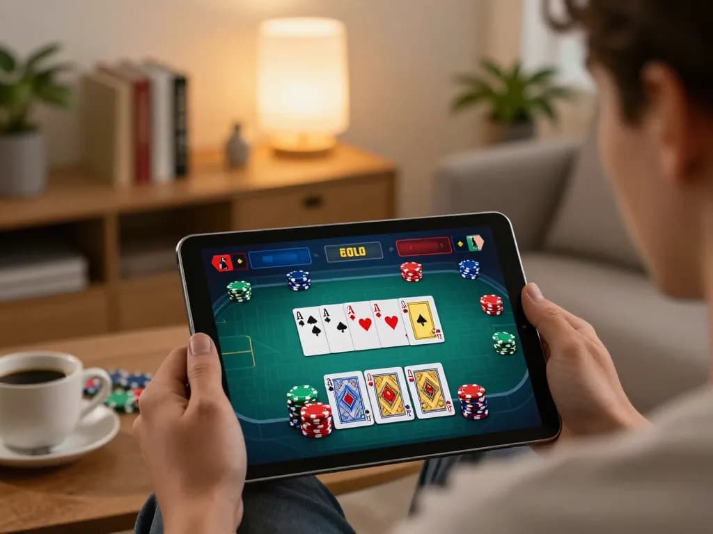 Player enjoying online poker on a tablet, showcasing the engaging 98win casino experience in a cozy setting.