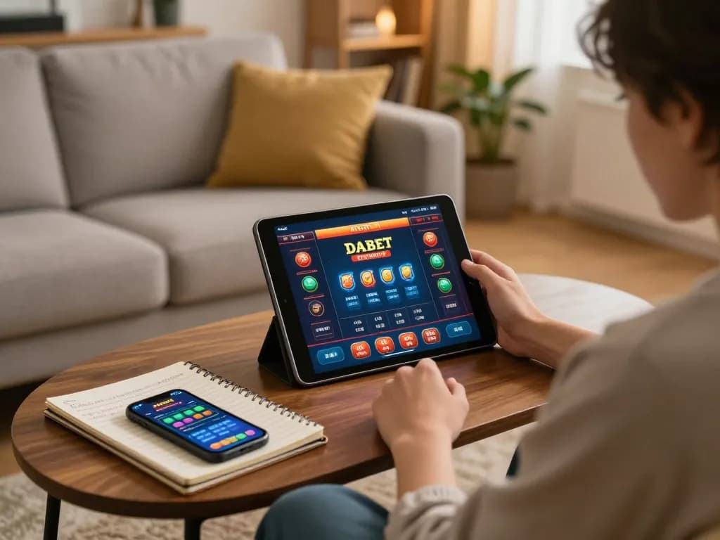 Dabet online gaming experience on a tablet in a cozy living room with strategies noted down.
