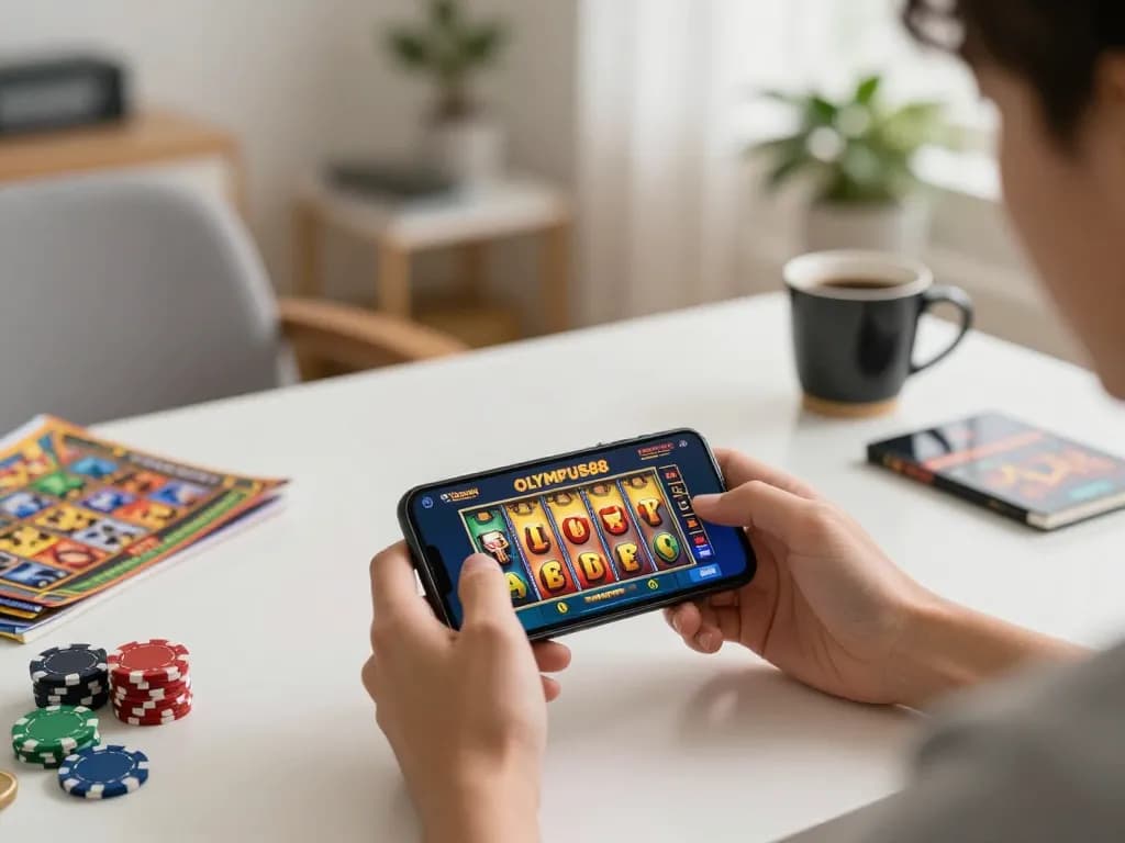 Player enjoying OLYMPUS88 on mobile device, demonstrating online slot gaming excitement in a cozy home