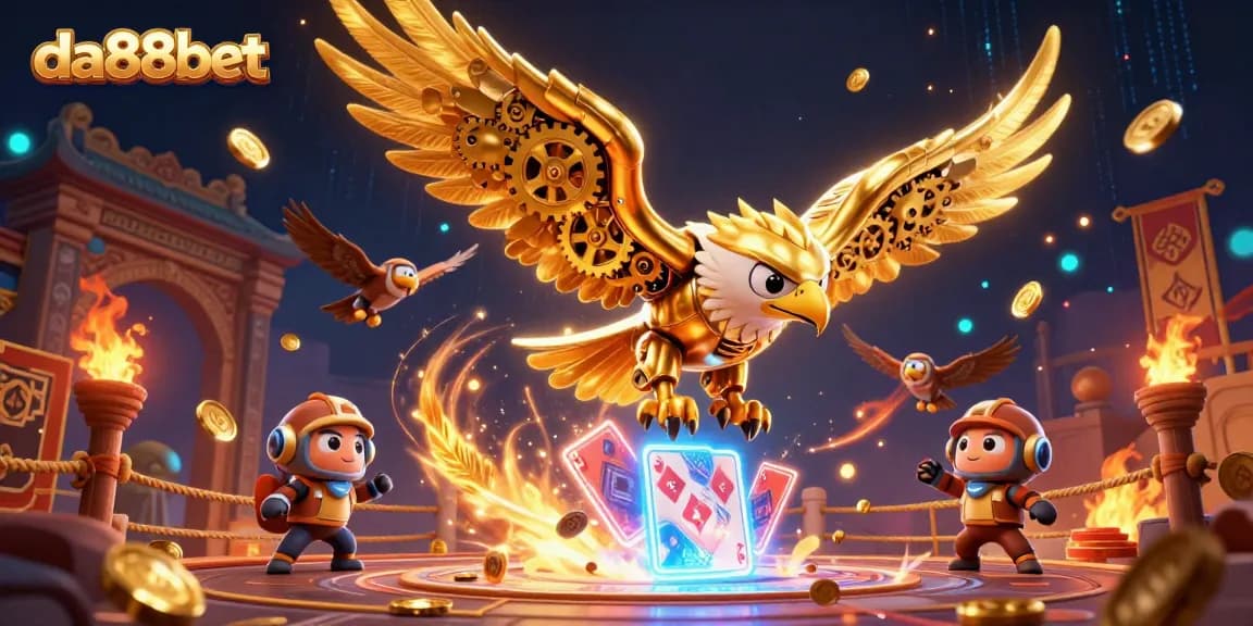 Experience gameplay excitement with da88bet's immersive casino universe featuring dynamic golden eagle characters.