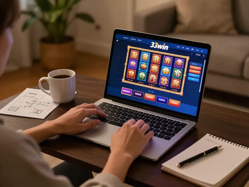 Engaging in online gaming at 33win with vibrant slot games displayed on laptop screen.