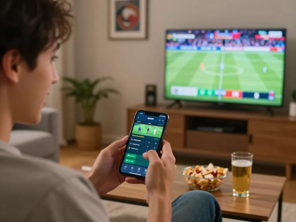Exciting sports betting moment on SV66 app while watching a live game at home.