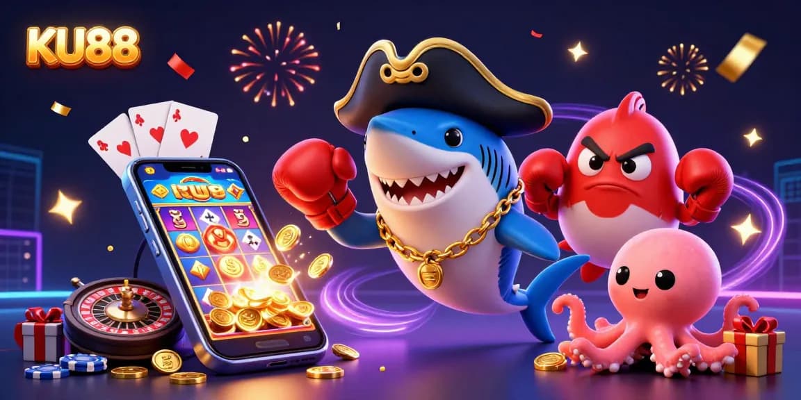 Celebrate with KU88 as a cartoon pirate shark and friends dive into thrilling online gaming.