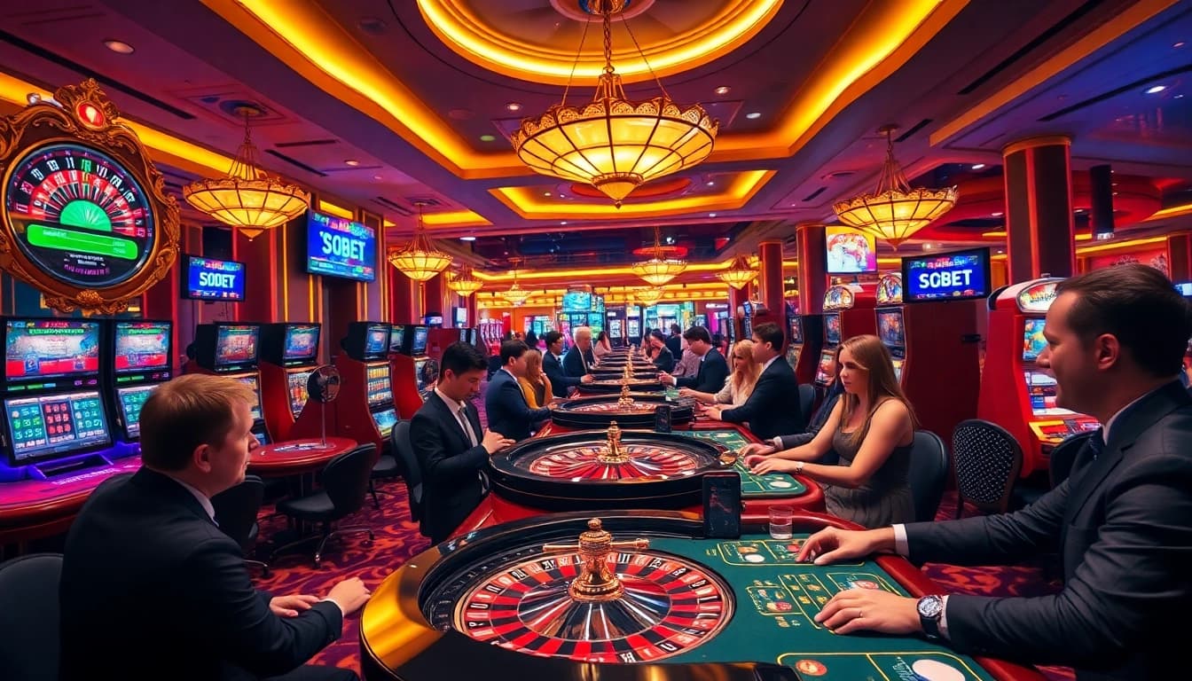 SODO66 players enjoying a thrilling casino environment with roulette and vibrant slot machines.