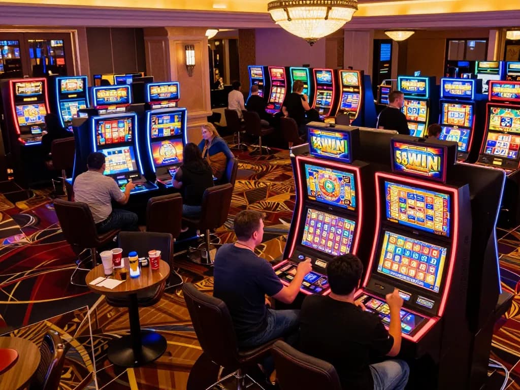 Players enjoying exciting slot games at 58win with vibrant atmosphere and colorful machines