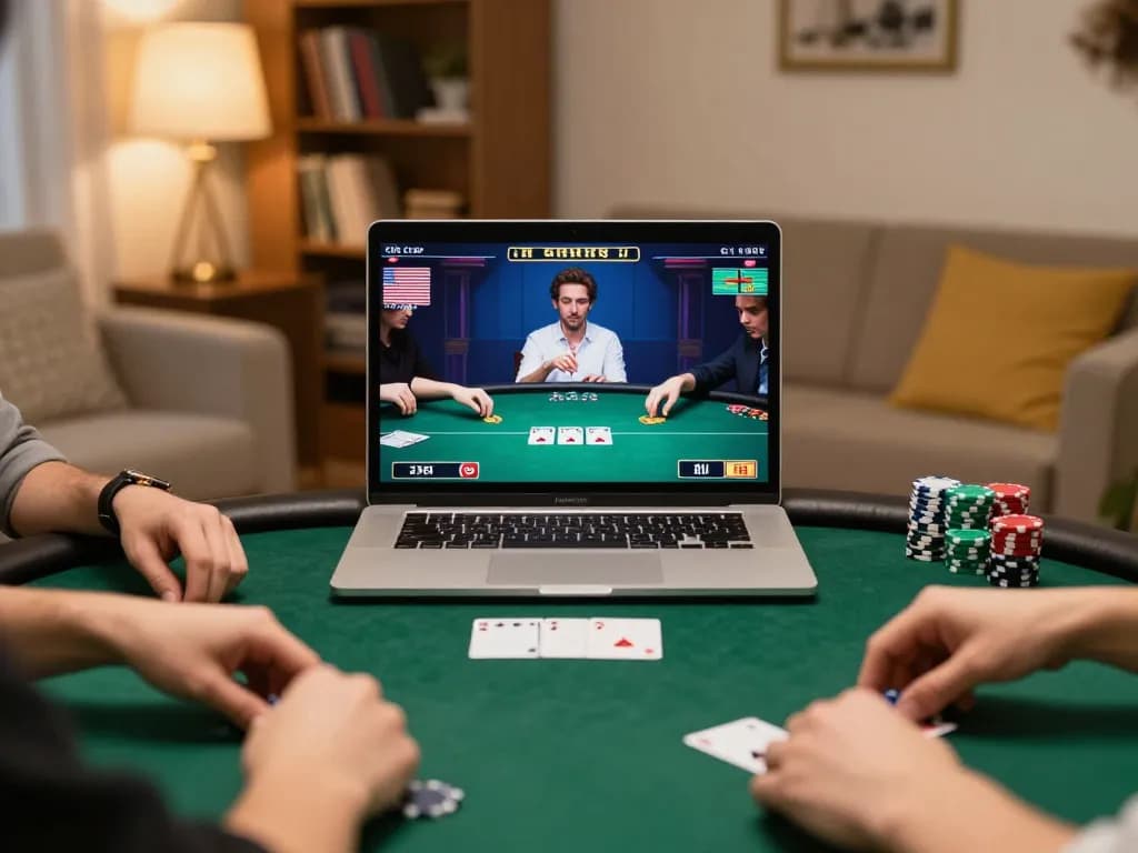 Players engaging in an online poker game on hm88 com vn, showing intense focus and strategic betting.