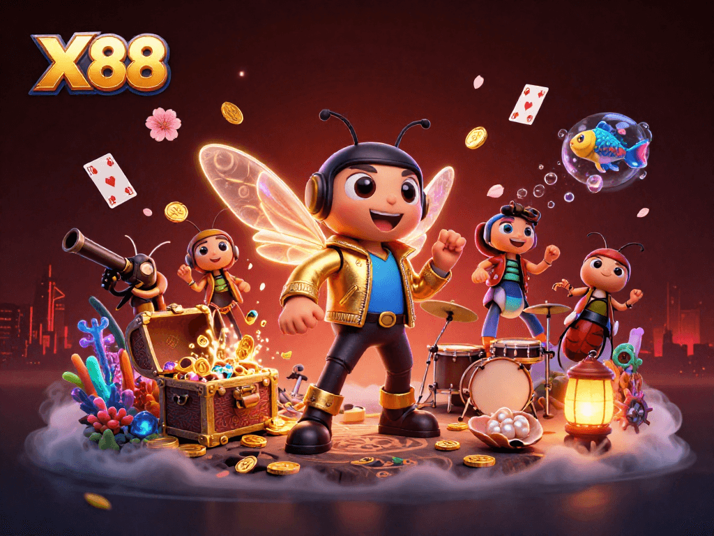 X88 captures the excitement of casino gaming with a vibrant illustration featuring a cicada rock star and dynamic treasure elements.