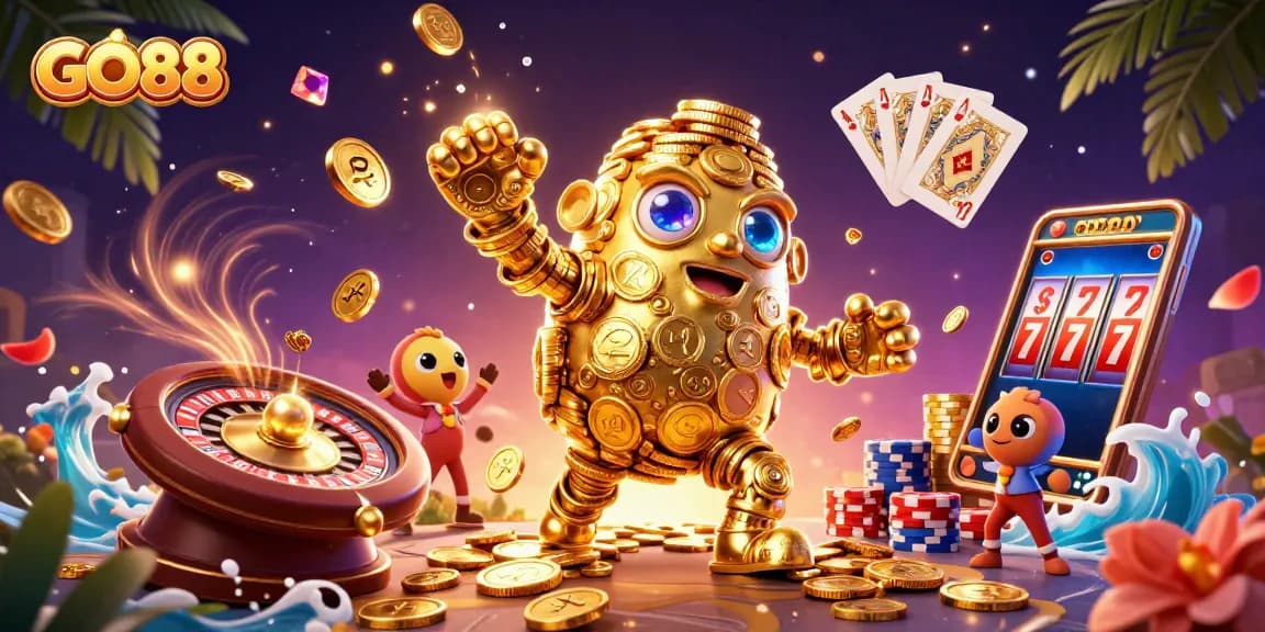Experience thrilling gaming adventures with GO88's golden golem and dazzling casino elements.