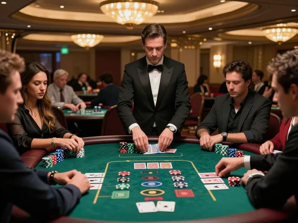 Players engage in a high-stakes poker game at a nhà cái uy tín casino table illuminated by warm lighting.